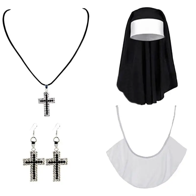 p88a 할로윈 수녀 의상 포함 헤드 피스 펜던트 목걸이 칼라 스타킹