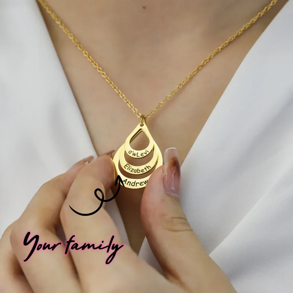 Personalized Family Name Neckalce Custom Stainless Steel Engravable Waterdrop Pendant Neckalce Jewelry Gift for Couple Lover