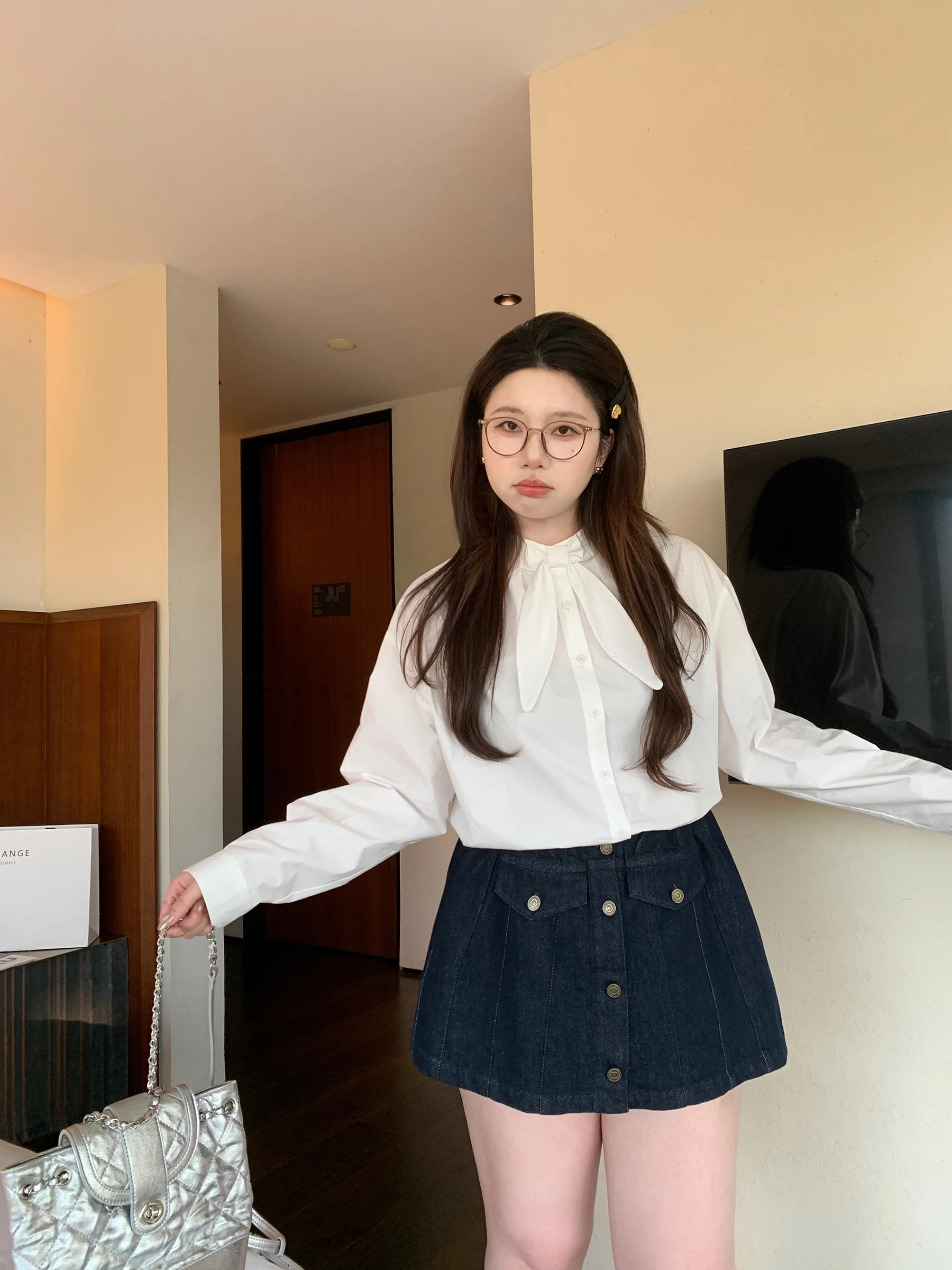 

Sweet Dr Home Rabbit Ear Gentle Knot Versatile Long Sve irt for plus Size Women Spring Season Cotton Blend