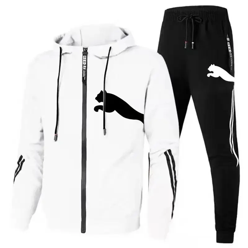 Men\'s spring and autumn zipper with hat fashion hoodie + trousers casual running 2-piece fitness basketball sportswear set