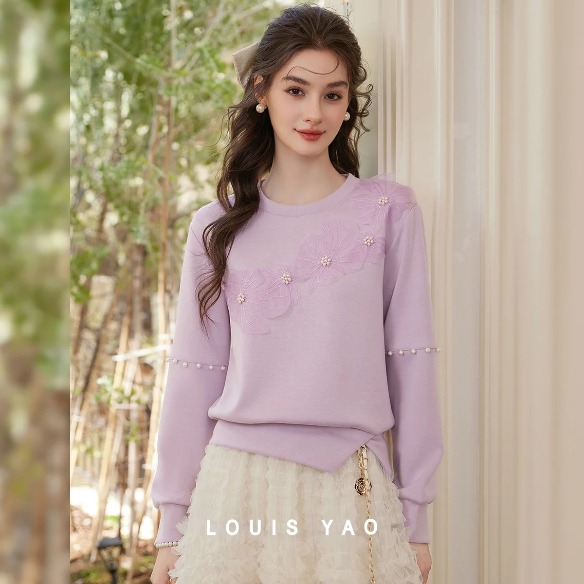 LOUIS YAO Mesh Floral Design Round Neck Sweatshirt 2026 Spring Sweet Beaded Mesh Sleeve Decoration Women's Hoodies