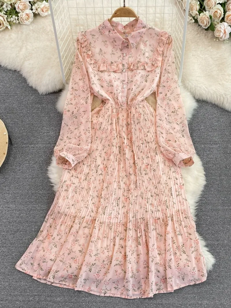 

Sweet Gentle High-End Vintage Robe Femme Turn Down Collar Chic Buttons Pleated Dresses Ruffles Flower Print Age Reducing Vestido