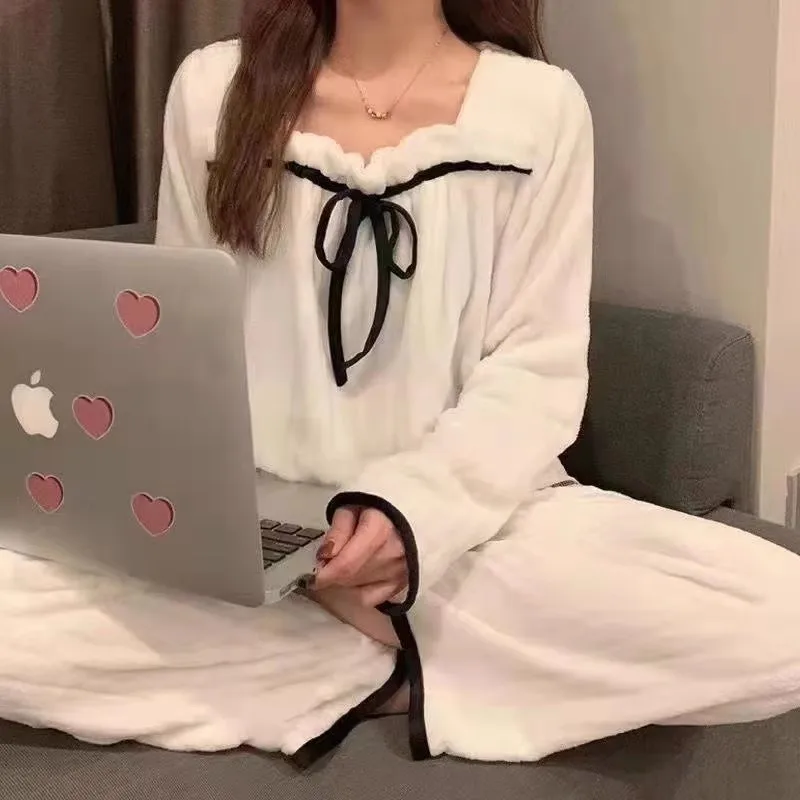 New Girls Bow Long-sleeve Long-Pants Women Pajama Set Worn Outside Student Casual Homewear Clothes Woman Casual Loungewear Set