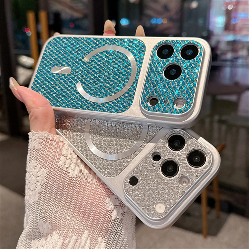 Luxuriöse Glitzer-Pailletten-Diamantgitter-Magnet-Hülle für iPhone 17 16 14 15 Plus 13 12 11 Pro Max für MagSafe Stoßfeste Abdeckung