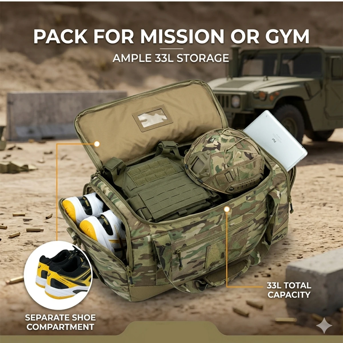 Tactical Gear Storage Bag with Wet Dry Compartment Outdoor Travel Duffel Bag Yoga Sports 33L Handbag