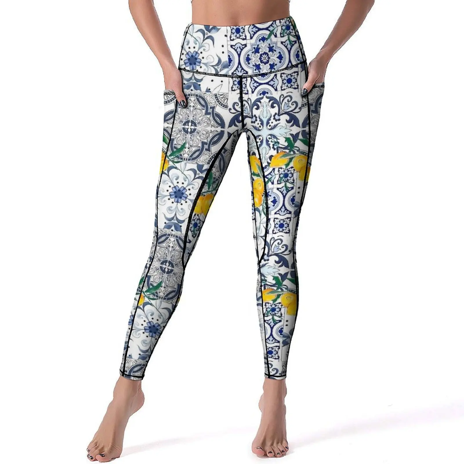 Majolica Lemon Yoga Pants With Pockets Blue Flowers Leggings Sexy Push Up Funny Yoga Sports Tights Elastic Custom Gym Leggins