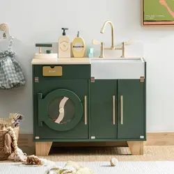 Robotime-lavadora y secadora de madera para niños, juguete de cocina Vintage verde, juego de simulación