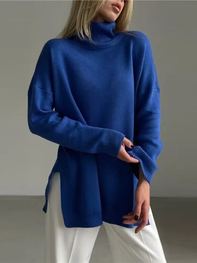 Fashion Women Sweaters 2024 Casual Turtleneck Long Sleeve Top Oversized Sweater Winter Split Hem Warm Thick Jumpers Pullover