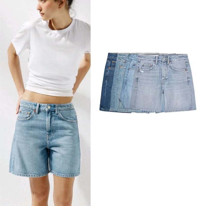 

Summer New Women's Casual Denim ort Pants Five ket Bule Decor Low Waist Straight Leg Loose Fit Zipper Closure