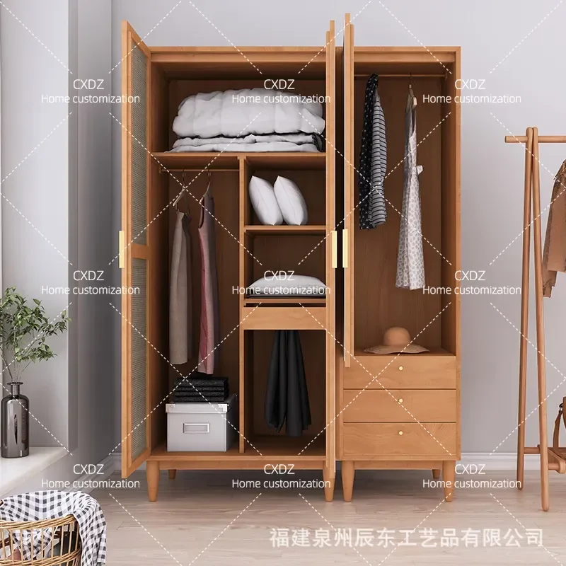 Nordic Simple Solid Wood Wardrobe Rattan Storage Large Cabinet for Small Apartment Bedroom High Cupboard Combination