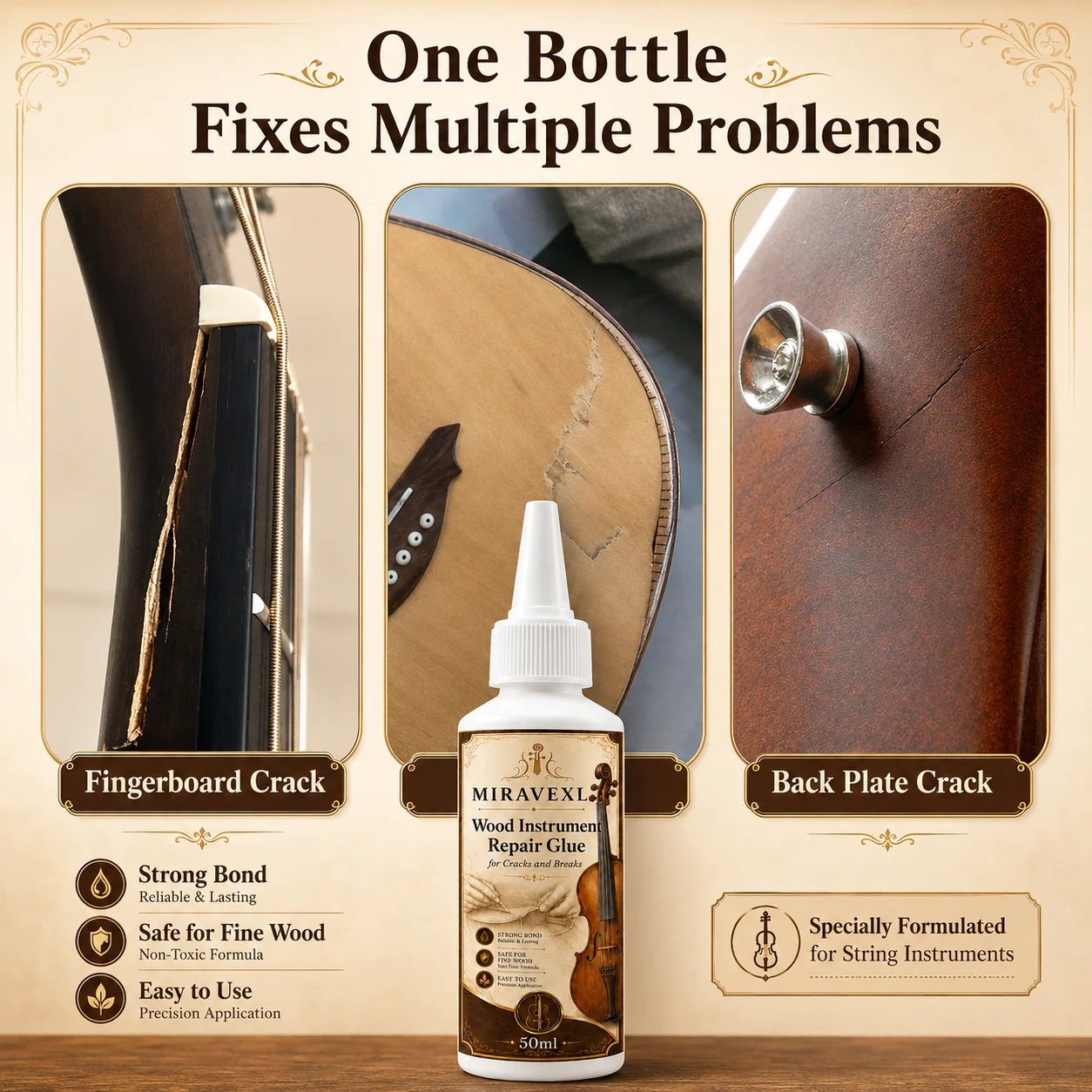 Wood Instrument Repair Glue 50ml Set Flat Brush Detail Brush for Guitar Violin Cello BridgeNeck Crack Fix Adhesive Kit Pack Pro image 3