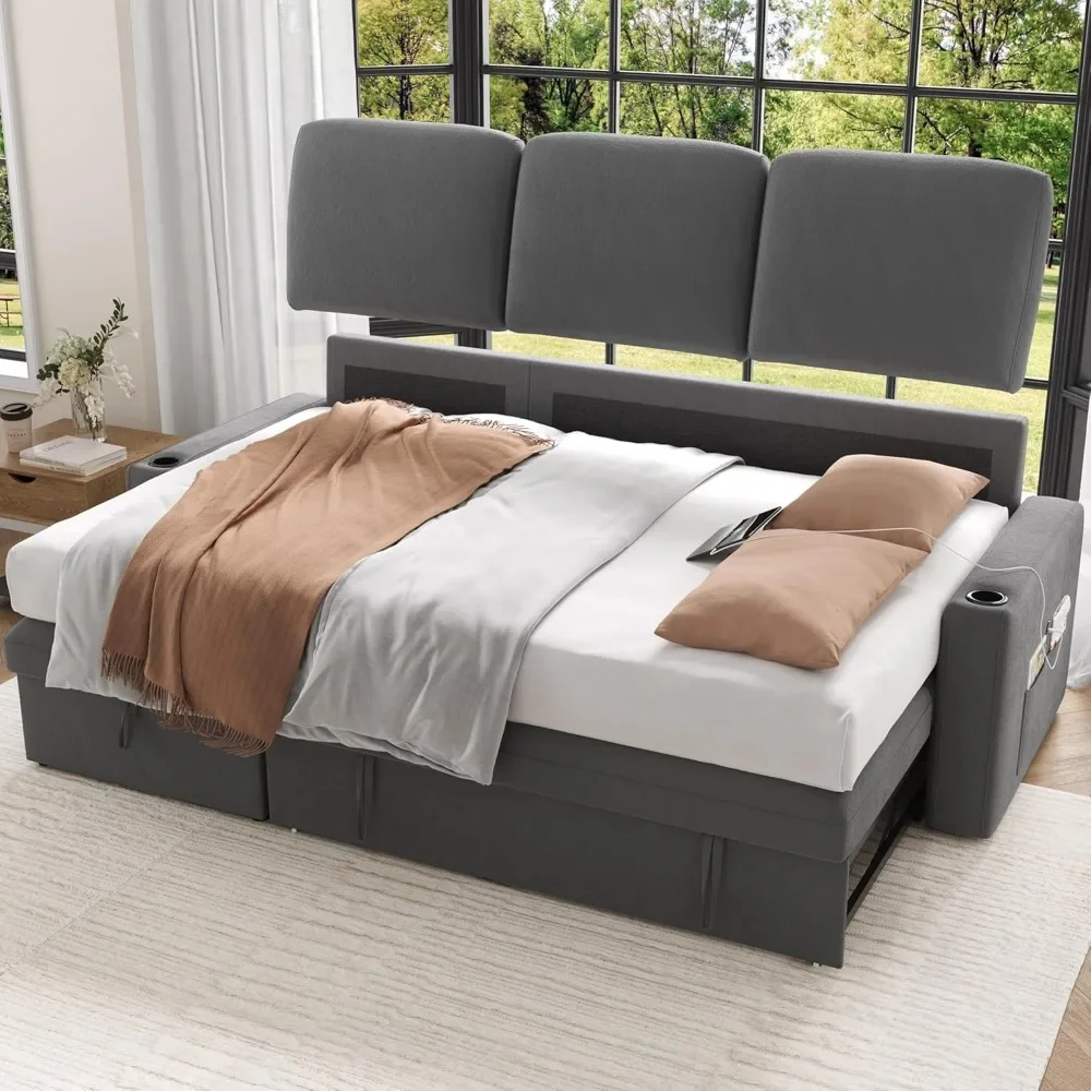 87" Pull Out Sleeper Sofa Bed with Storage Chaise, Reversible 2 in 1 Sectional Sofa Bed with Charging Station and Cup Hol