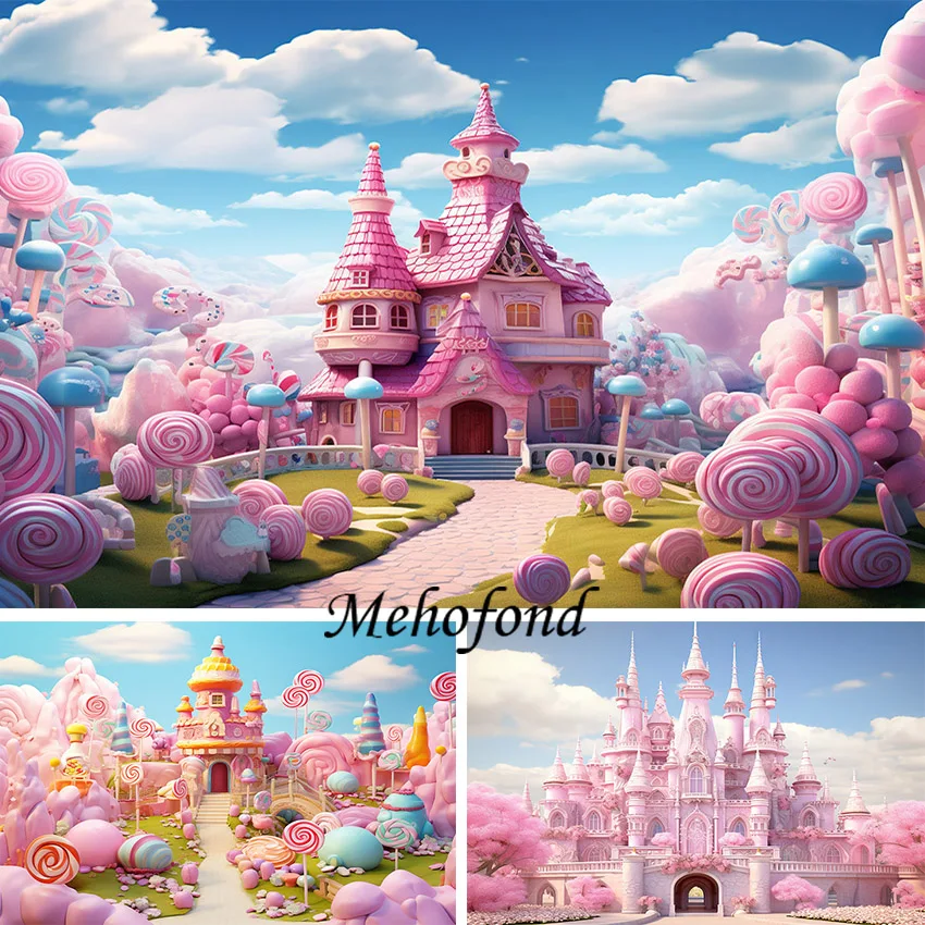 

Mehofond Photography Background Pink Sweet Lollipop World Castle Girl Birthday Cake Smash Party Decor Backdrop Photo Studio Prop