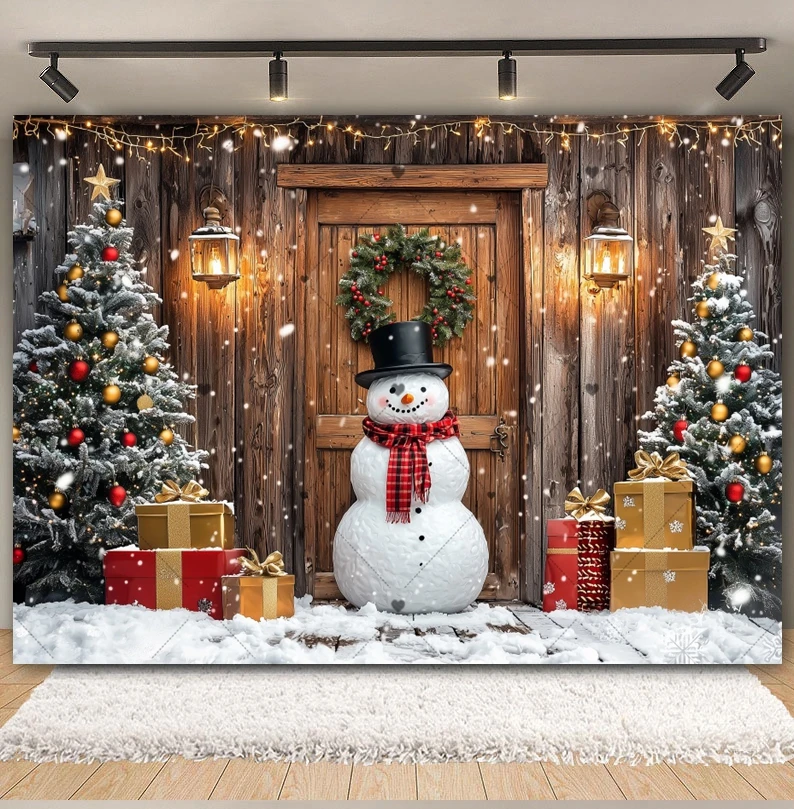 Tło fotograficzne świąteczne z motywem bałwana, zimowe drewniane drzwi, choinka, szalik, prezent, wieniec, portrety dziecięce, dekoracja, tło do studia.