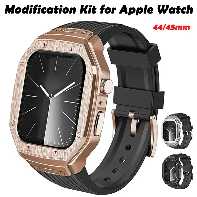 Luxury Modification Kit Metal Case+TPU Strap Replacement Accessories Compatible for I Watch Series 9 8 7 45mm 6 5 4 Se 44mm