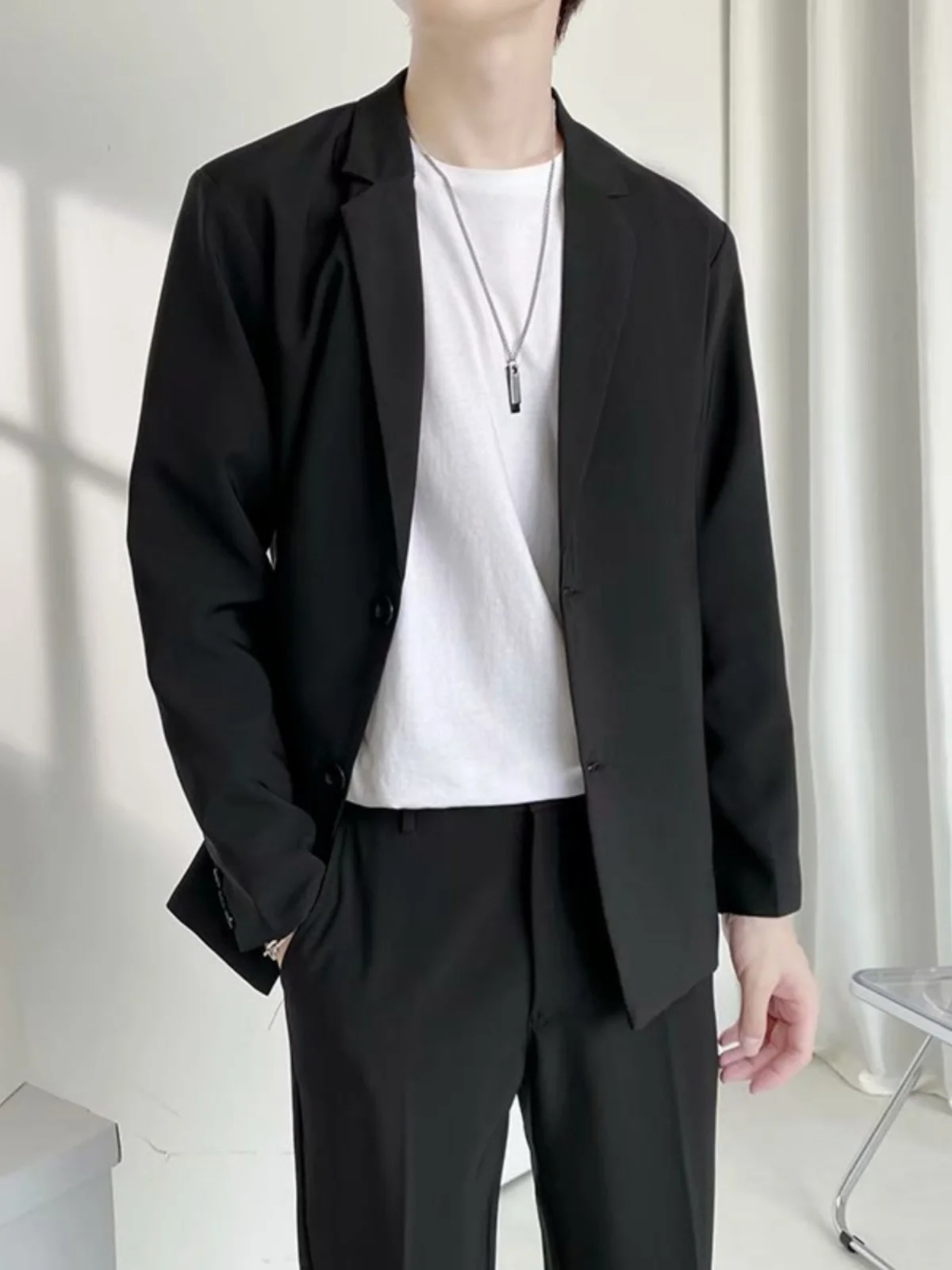 

Мужской повседневный костюм-двойка: модный, универсальный, легкий, однотонный, свободного кроя, для весны и осени