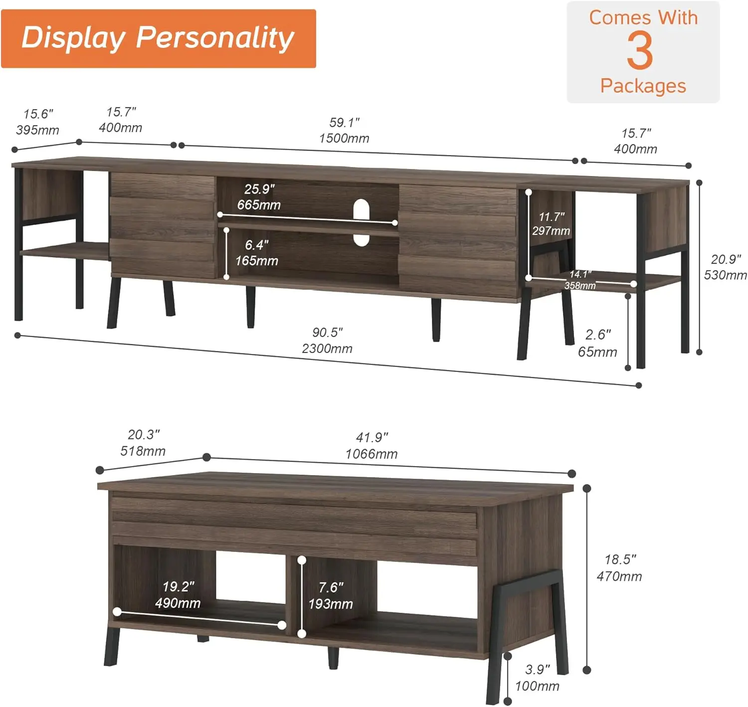 Conjunto de mesa de sala de estar moderno de meados do século, 2 peças, mesa de console de suporte de TV de 90 polegadas para TVs de até 95 polegadas, café com parte superior elevatória de 42 polegadas