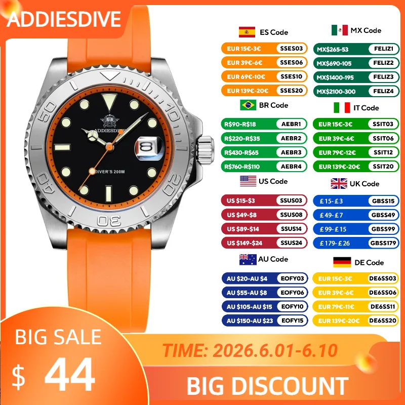 

ADDIESDIVE 41mm Rubber Silicone Quartz Watch For Men Fashion 200m Diving AD2040 Watches Super Luminous Wristwatches Reloj Hombre