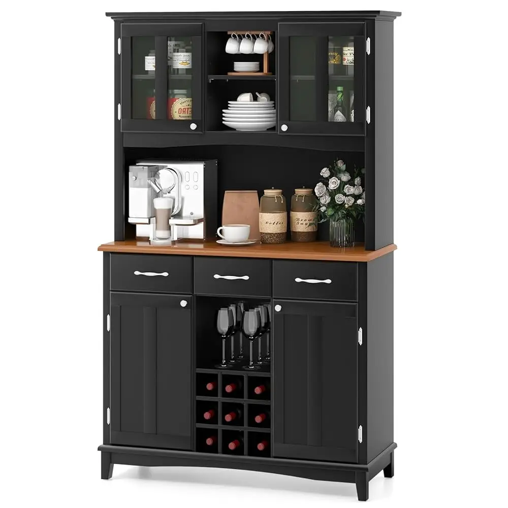 

Kitchen Hutch Storage Cabinet, Freestanding Pantry Buffet Sideboard, Modern Buffet Cupboard W/Wine Rack, Adjustable Shelves,