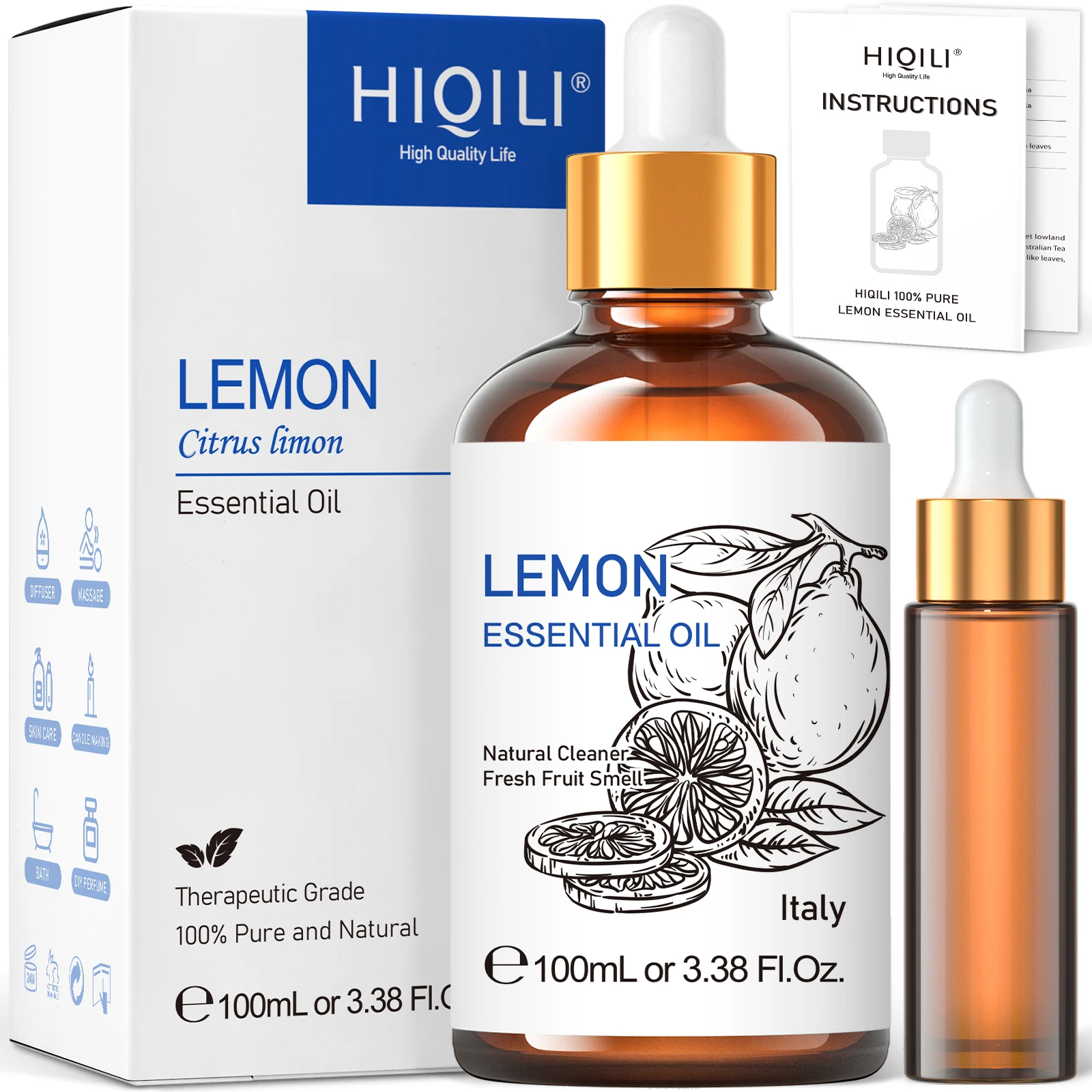 HIQILI 100ML Lemon Essential Oils for Diffuser/Humidifier/Massage/Aromatherapy Aromatic Oil for Candle/Soap Making & Hair Care