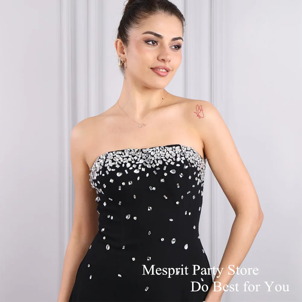 Crystal Prom Dress Strapless Customized Rhinestone A Line Satin Cocktail Party Dresses Saudi Black Evening Gown for Woman