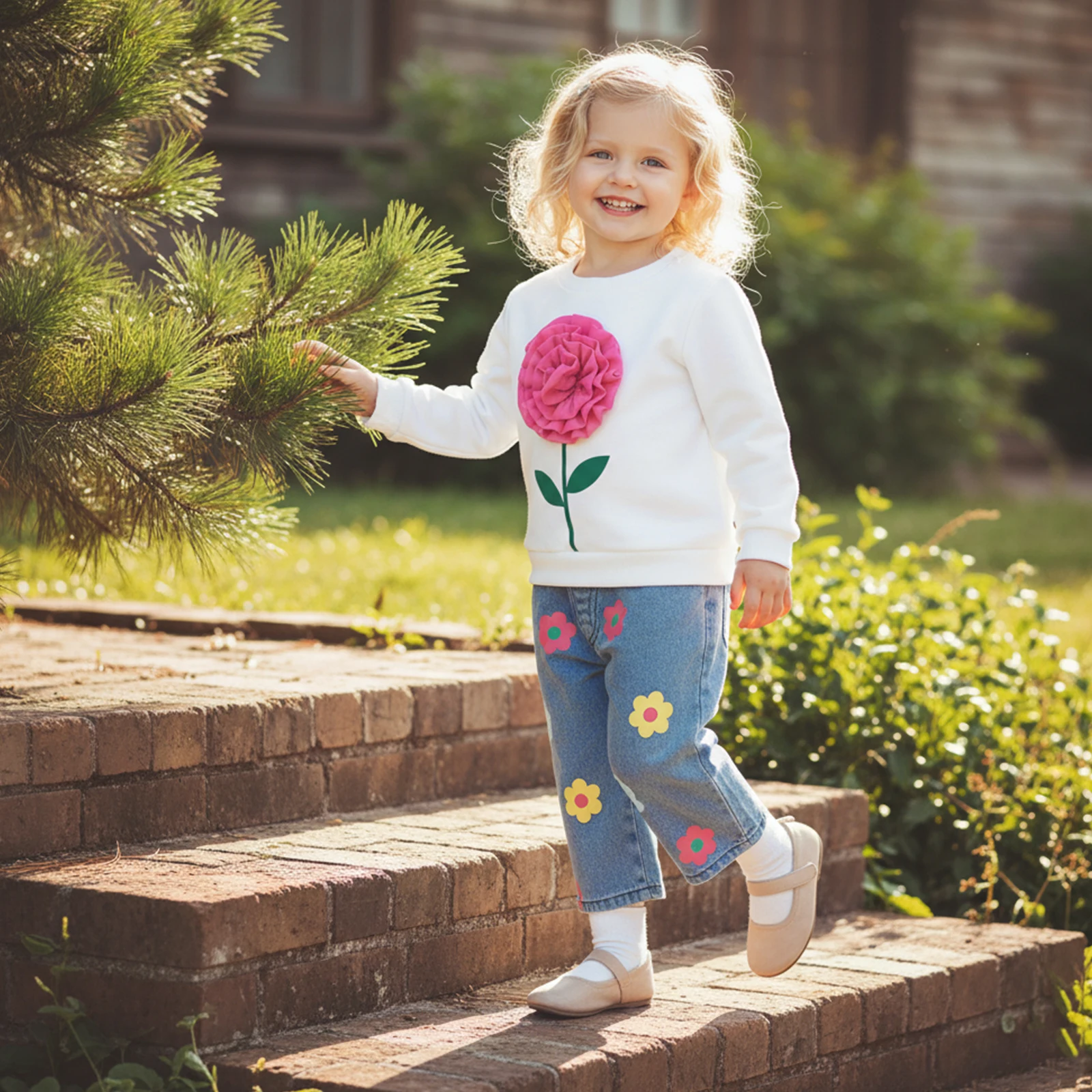 1-4Y Fashion Toddler Baby Girl Spring Outfit Flower Long Sleeve Sweatshirt Denim Pants 2 Piece Children's Sets