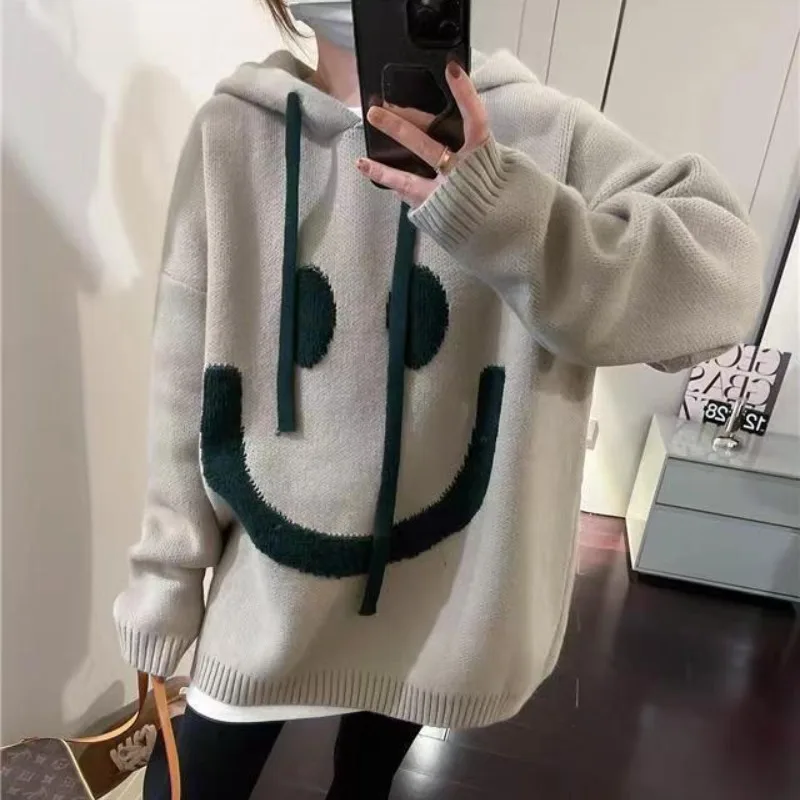 Women\'s Hooded Drawstring Sweater Autumn Winter Korean Casual Smiling Face Print Long Sleeved Loose Pullover Knitted Bottom Tops