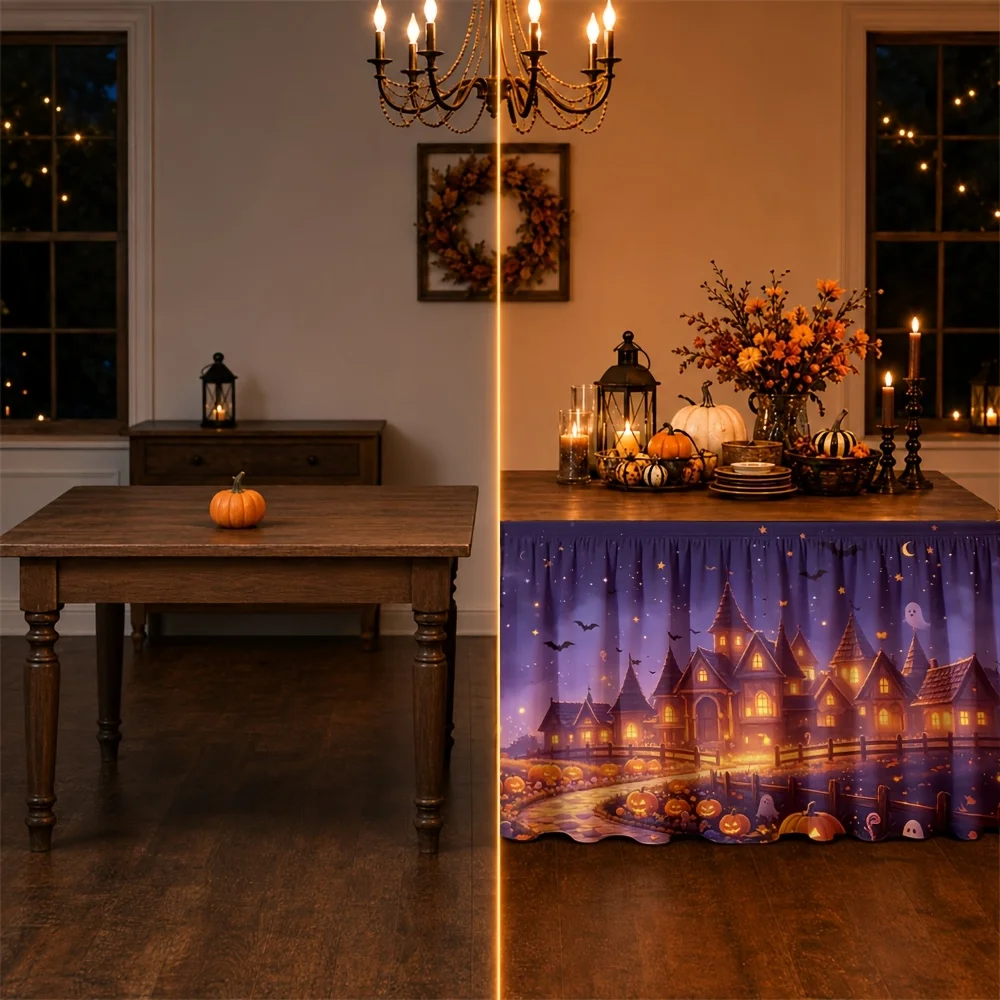 1 piece of tablecloth - Halloween haunted house - full moon pumpkin field - witch tree - night scenezyc