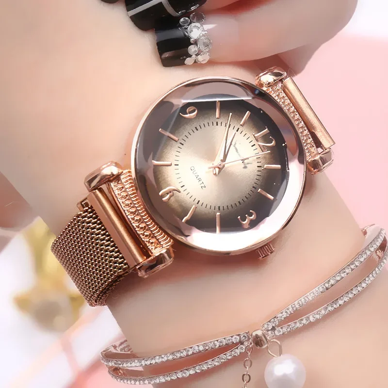 Luxury Fashion Women Watch Geometric Roman Numeral Quartz Ladies watch Magnet Buckle Mesh Strap WristWatch Gold Reloj Mujer