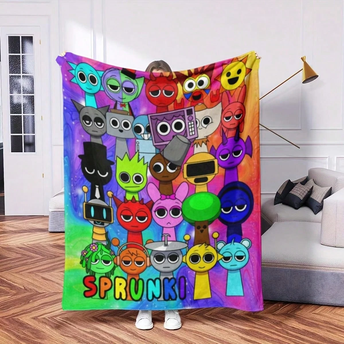 1pc Sprunki Rainbow Characters Flannel Blanket, 2D Flat Print, All-Season, Cozy Throw for Kids Bedroom, Living Room, Camping & G