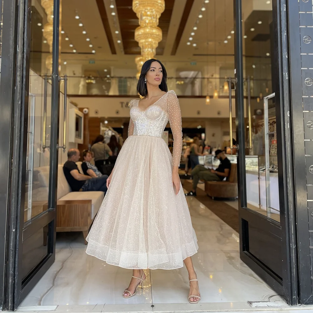 

Striking V-neck Tulle Shiny Sequins Prom Party Dress A-line Ankle-Length Backless Prom Gown with Long Illusion Sleeve for Women