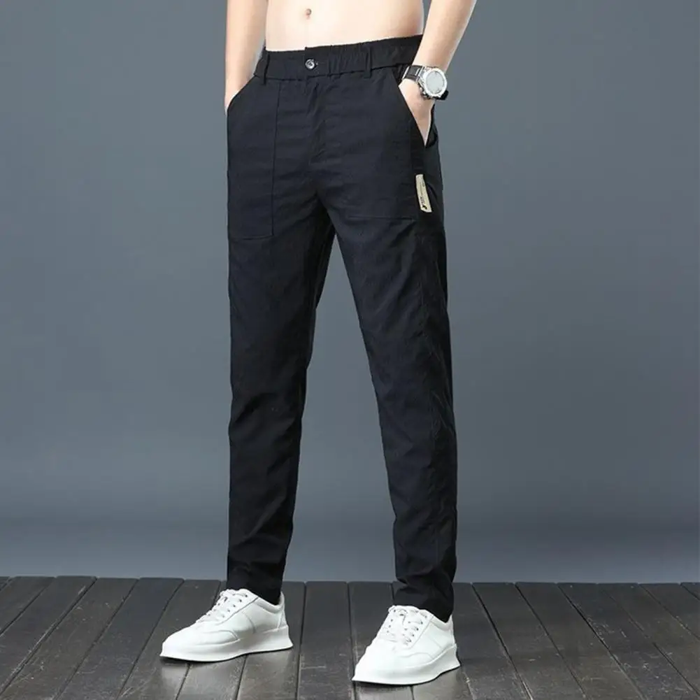 Pocket Seams Pants Men Pants Stretchy Waist Slim Fit Men's Pants with Pockets for Casual Daily Wear Quick-drying Straight Leg