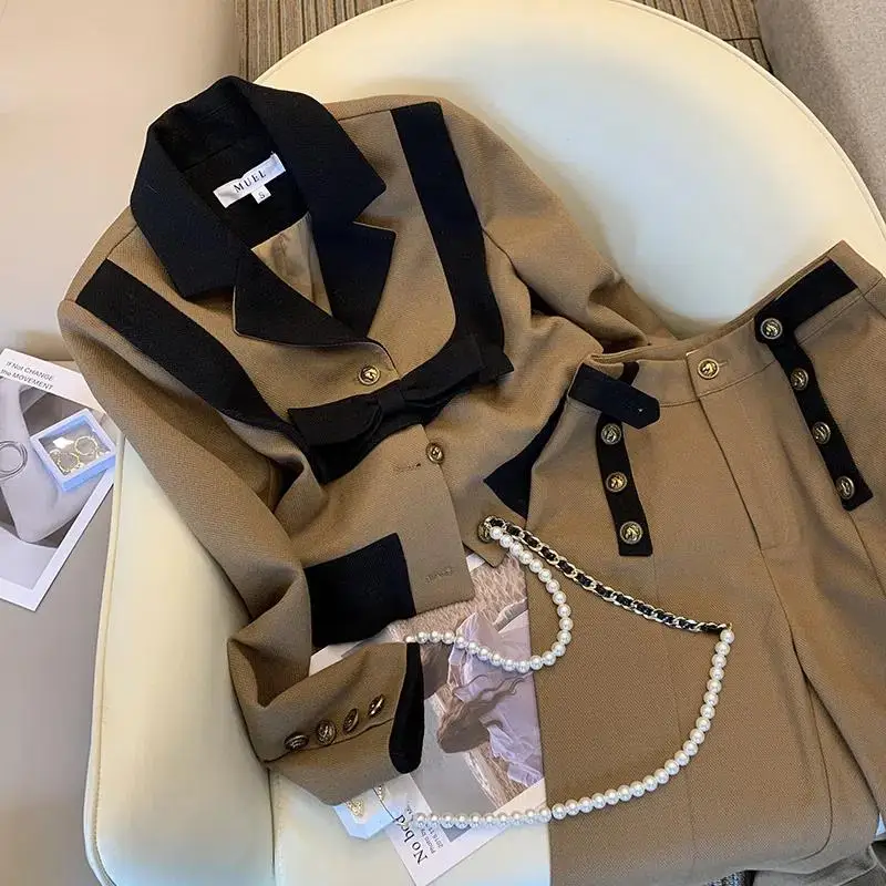 Women Elegant Brown Y2k Suit Bow Jacket Coat Crop Top And Pant Two Piece Set Fashion Casual Tracketsuit Matching Outfit Clothing