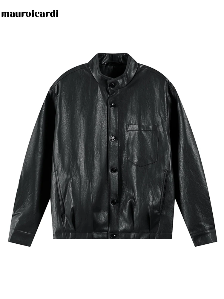Mauroicardi Spring Autumn Brown Short Black Pu Leather Jacket Men Buttons Zipper Loose Casual Korean Fashion Menswear Clothes 6 Mauroicardi Spring Autumn Brown Short Black Pu Leather Jacket Men Buttons Zipper Loose Casual Korean Fashion Menswear Clothes 6
