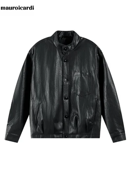 Mauroicardi Spring Autumn Brown Short Black Pu Leather Jacket Men Buttons Zipper Loose Casual Korean Fashion Menswear Clothes 6 Mauroicardi Spring Autumn Brown Short Black Pu Leather Jacket Men Buttons Zipper Loose Casual Korean Fashion Menswear Clothes 6