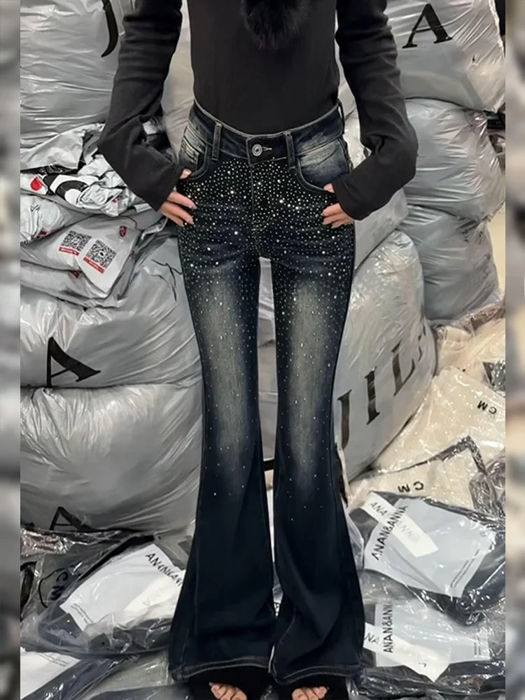 

American High Street Design Sparkling Diamond Splicing Denim Women's Sexy Retro Faded Slim Micro Flared Floor-Length Pants