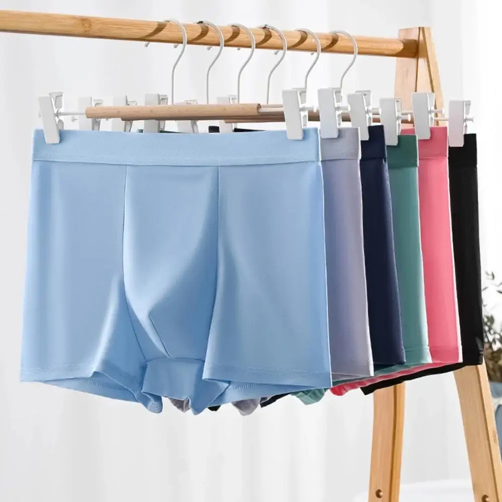 

Men Boxer Underwear Elastic Mid-rise Tight Cut U-Convex Shorts Briefs Solid Color Summer Thin Ice Silk Panties 남자 속옷