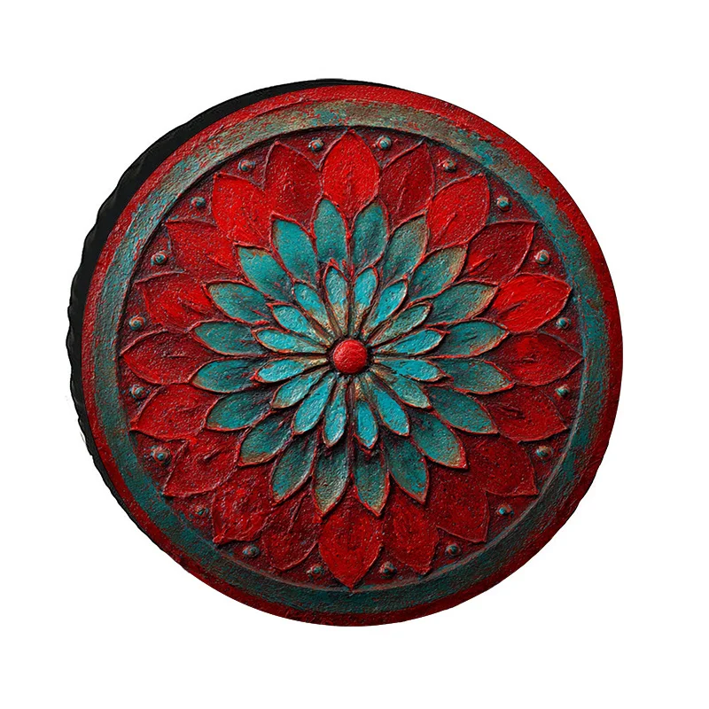 A Vibrant And Artistic Tire Cover Made Of Polyester Fiber, Featuring A 3D Textured Floral Design In Red And Teal, Complete With