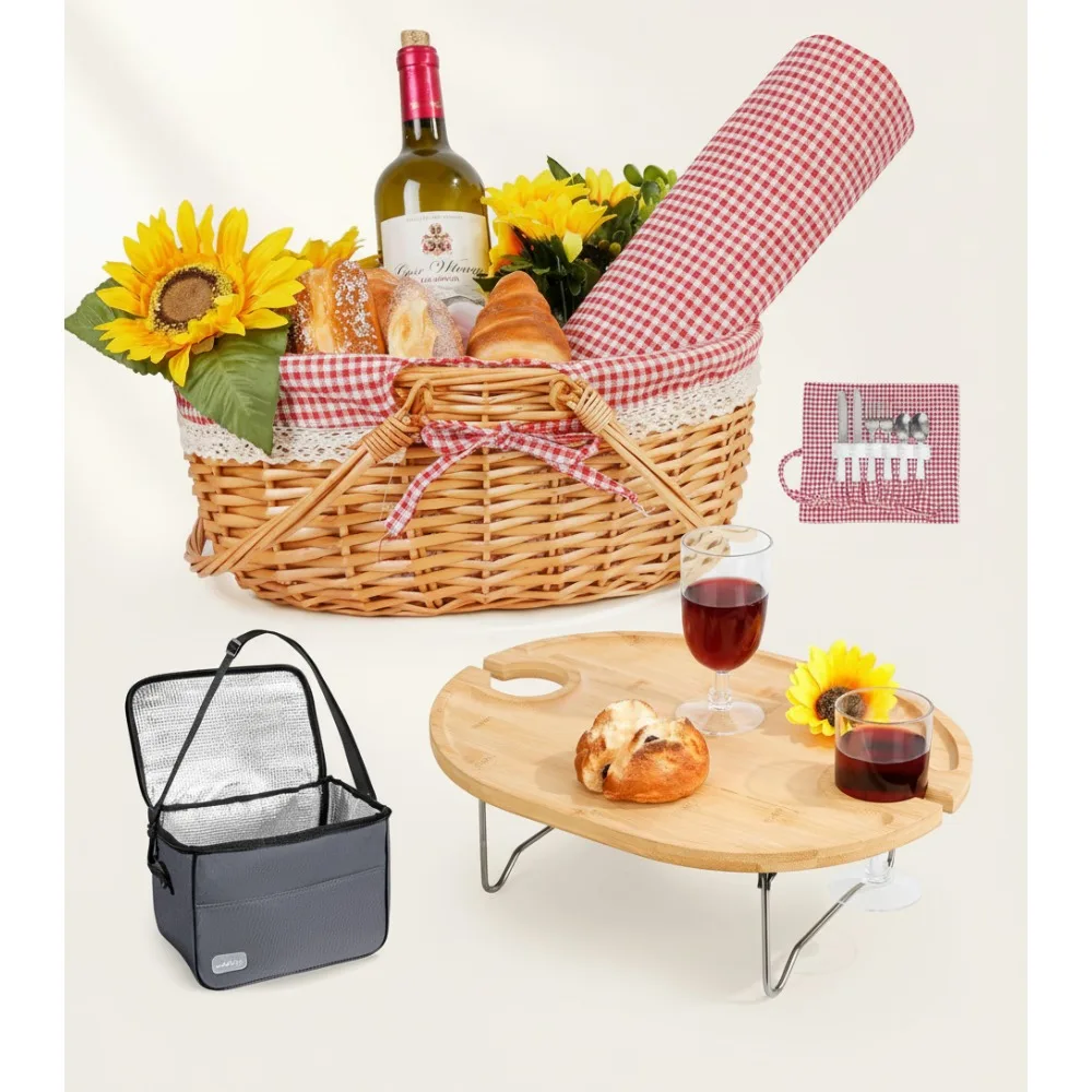 

Portable Picnic Set for 2 with Folding Table & Cooler Bag - Perfect Couples Outdoor Date Essentials Wedding Gift