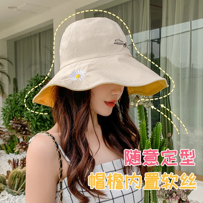 Summer Sun Hat, Women's Sun Hat, UV Resistant Sun Hat, Big Brim, Small Daisy Double-sided Fisherman Hat