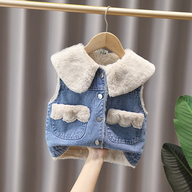 Girls' Thickened Denim Vest Children Fleece Soft Autumn Winter Waistcoats New Kids Plus Velvet Coats Toddler Warm Clothing  125