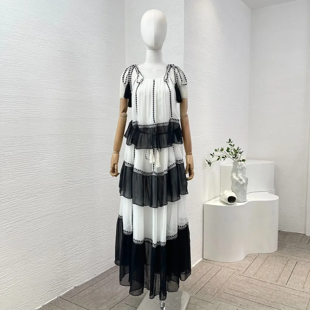 

Women 2024 Silk Top Quality Spring Summer Black White Striped Ruffles Tassel Flouncing Sleeveless Patchwork Midi Dress