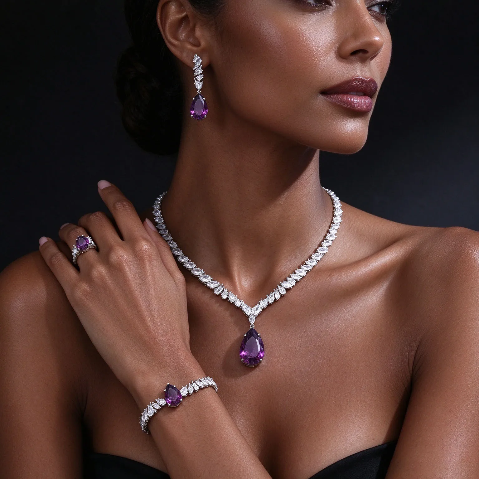HIBRIDE Popular Simple Purple Droplet Shape Necklace and Earring Set Suitable for Wedding Bridal Party Birthday Gift S-1344