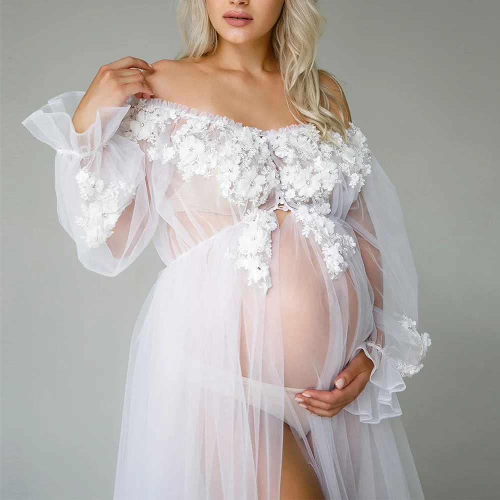 White Applique Bathrobe for Maternity Photo Shoot Tulle Pregnant Robe Sleepwear Wedding Dress Pregnancy Baby Shower See Though