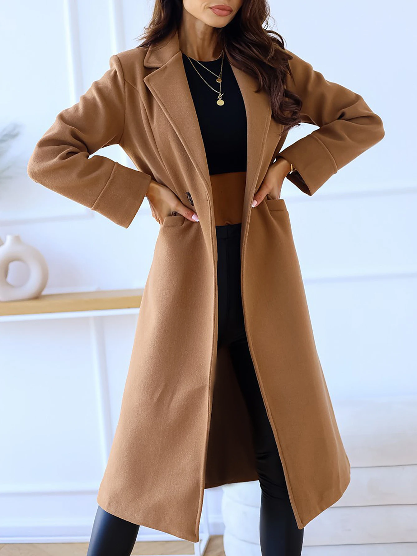 

Женское модное длинное пальто, осень-зима, повседневное облегающее пальто с лацканами и простыми карманами, повседневное приличное пальто с длинными рукавами