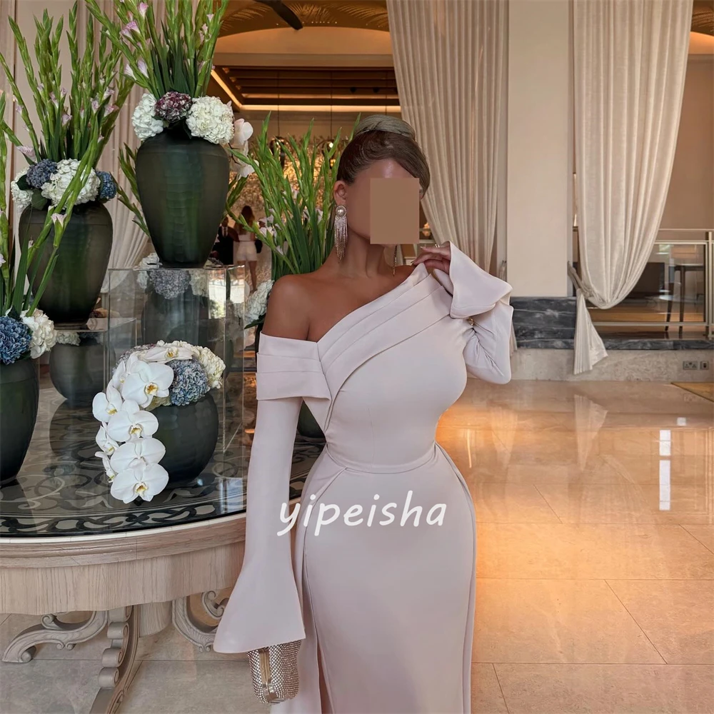 Szyte na miarę, wysokiej jakości, proste sukienki jersey z marszczeniami, plisami, o kroju litery A, z odkrytymi ramionami, długie sukienki na specjalne okazje, dostępne rozmiary.