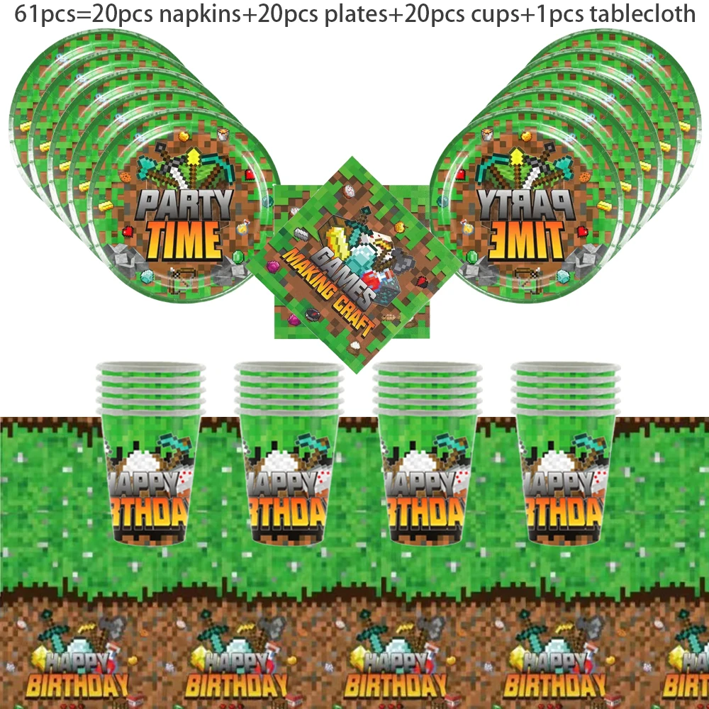 61 pièces/ensemble Décoration de fête d'anniversaire sur le thème de Minecraft, Assiettes, serviettes, gobelets, fournitures de table pour enfants