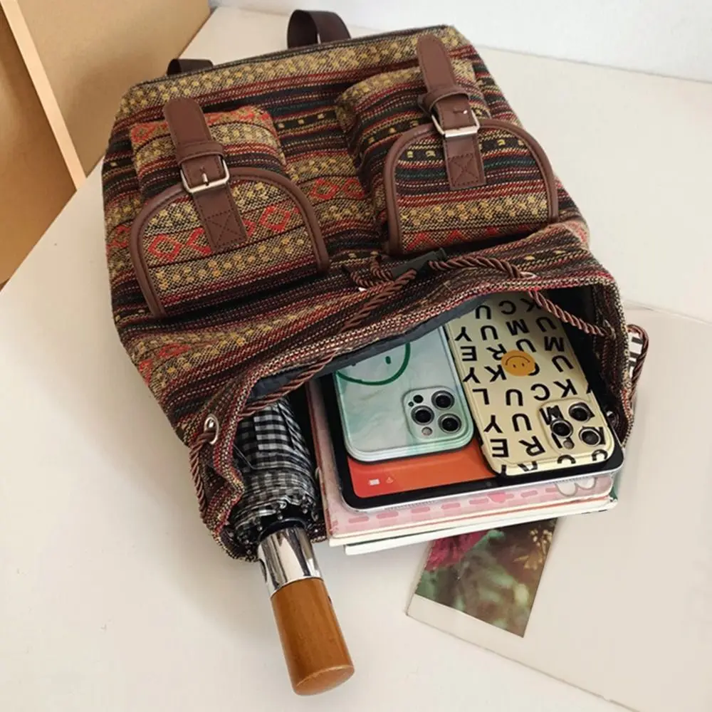 Portable Ethnic Style Shoulders Backpack Large Capacity Casual Plaid Kids Schoolbag Adjustable Strap Drawstring Bucket Bag