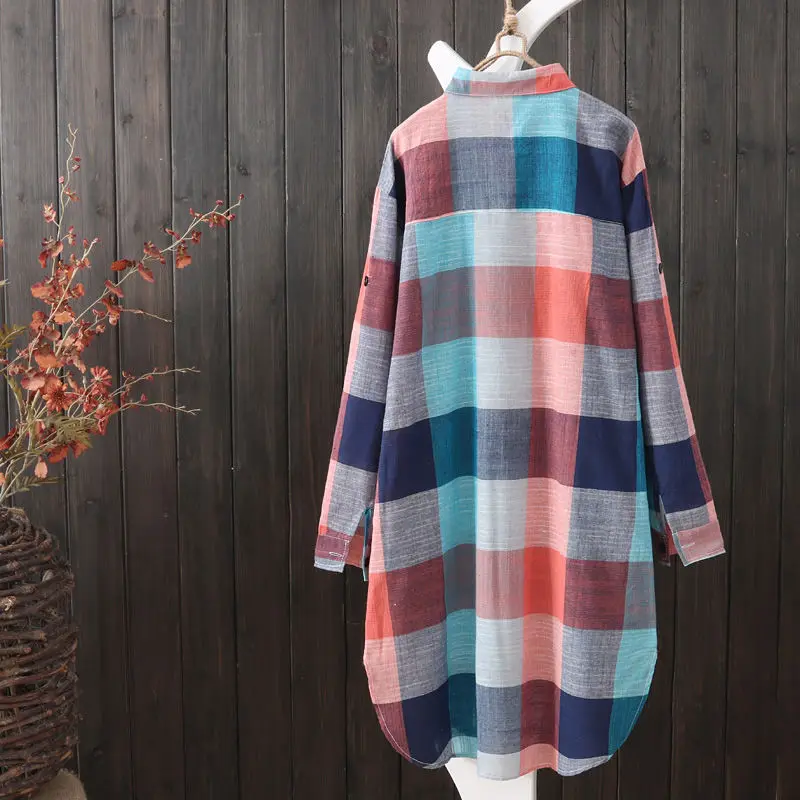 New Women's 2024 Summer Patchwork Square Collar Button Plaid Fashion Loose All-match Mid Length Long Sleeved Blouses Shirts