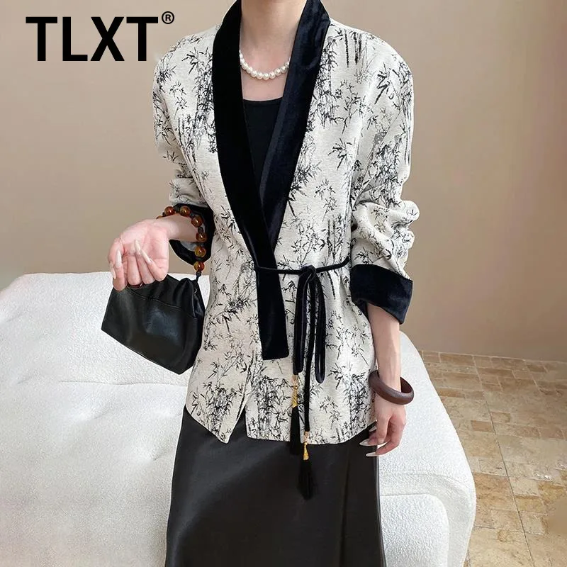 

TLXT Fashion Women's Print Design Blazers Irregular Lace-up Gathered Waist Loose Jackets Office Lady Coats 2025 Autumn New